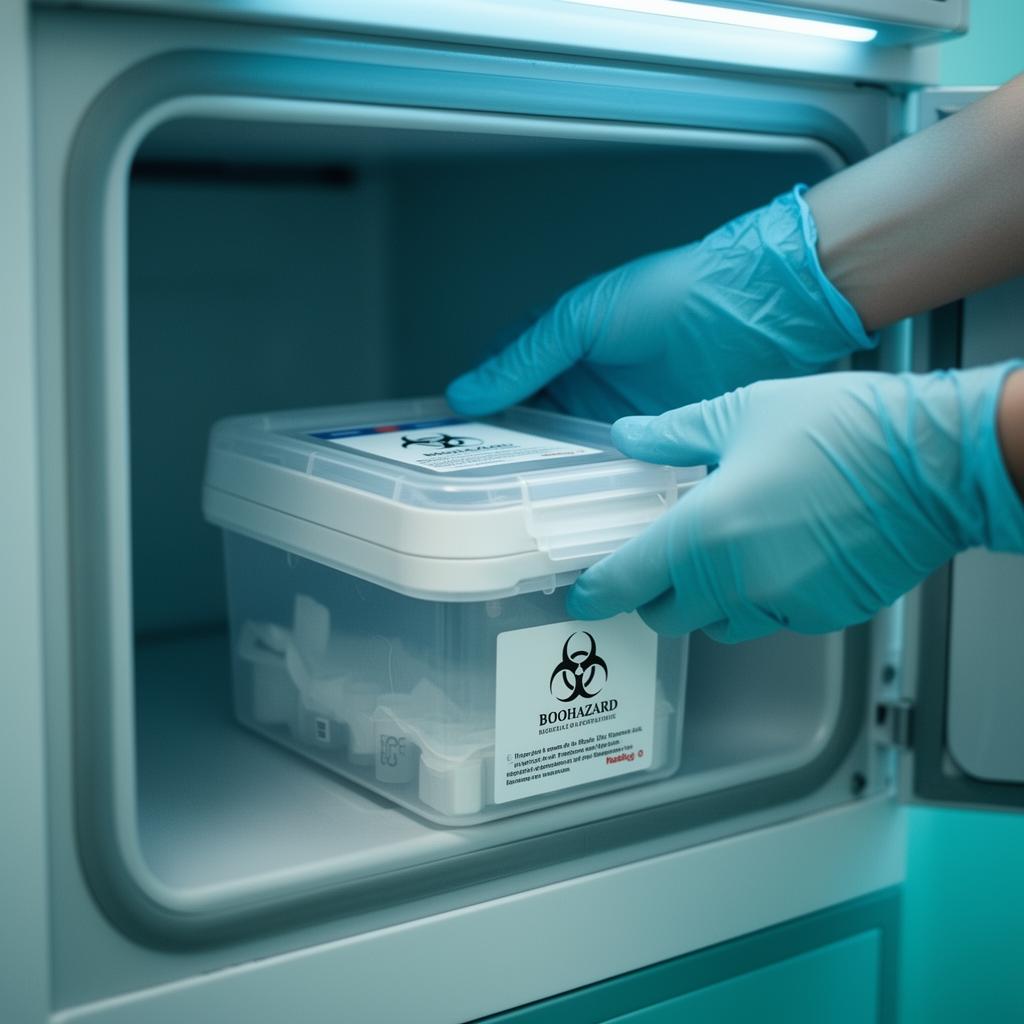 Gloved hands placing a medical specimen into a temperature-controlled compartment